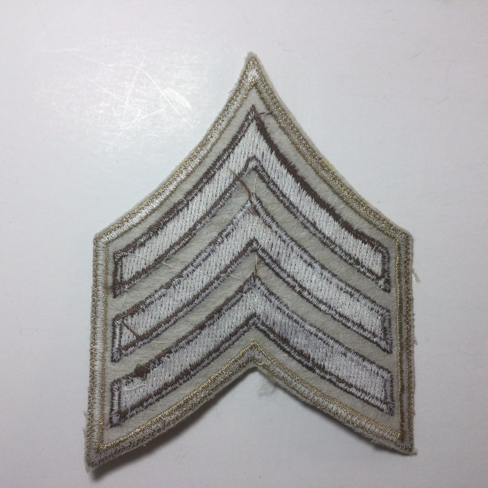(2) Sergeant Chevron Patch - 3 Brown Stripes - Tan Twill - Tan Border