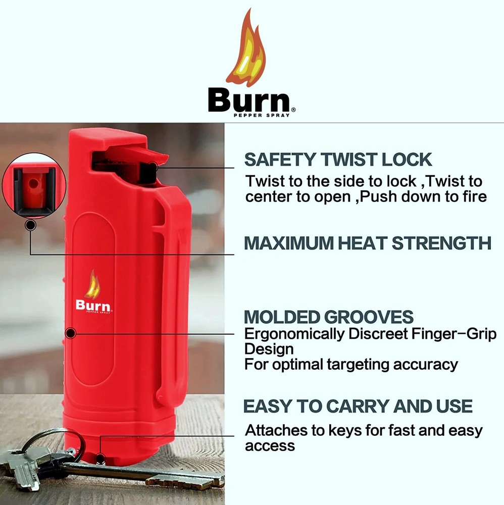 BURN Pepper Spray 0.5oz Security Self Defense Keychain Red