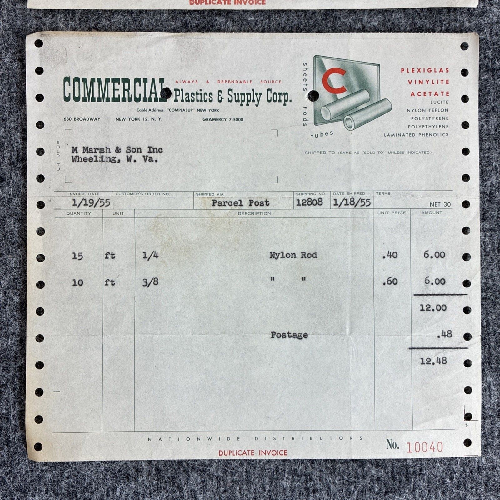 1955 & 1967 Commercial Plastics Invoices to M Marsh & Son Cigar Co Wheeling WV