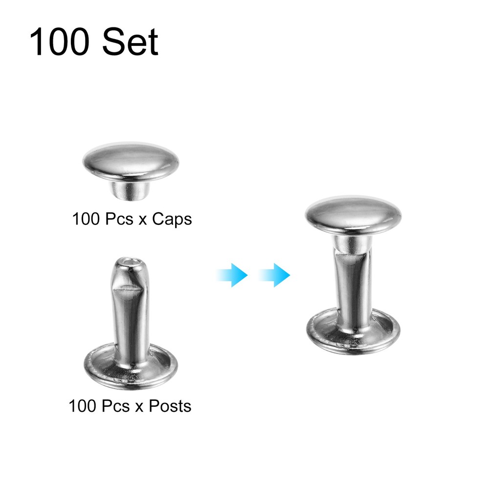 100Sets Double Cap Rivet 8x10mm Carbon Steel Round Head Snap Studs, Silver