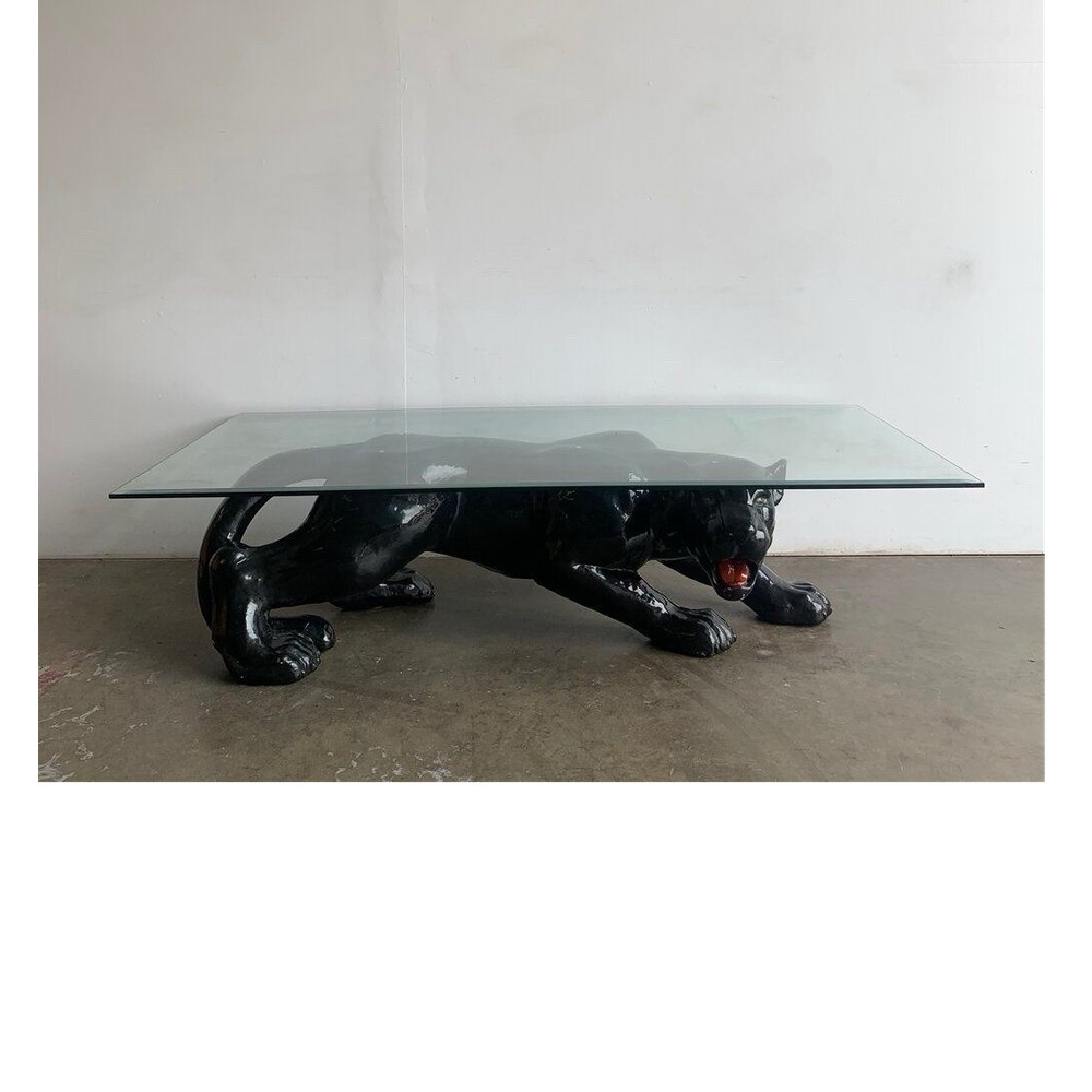 VINTAGE Glass Top Coffee Table with Panther Base, Rectangular Contemporary Style