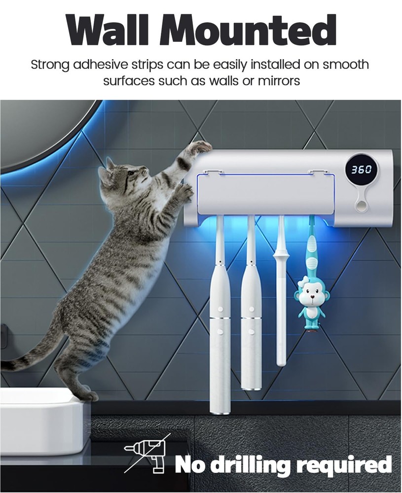 Toothbrush Holder, 4 Toothbrush Slots & Timer Function, Cordless Wall Mounted...