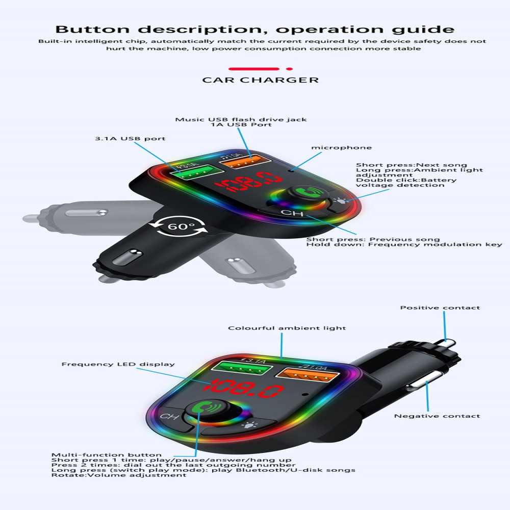 Car Wireless Bluetooth5.3 FM Transmitter MP3 Player USB Car Fast Charger Adapter