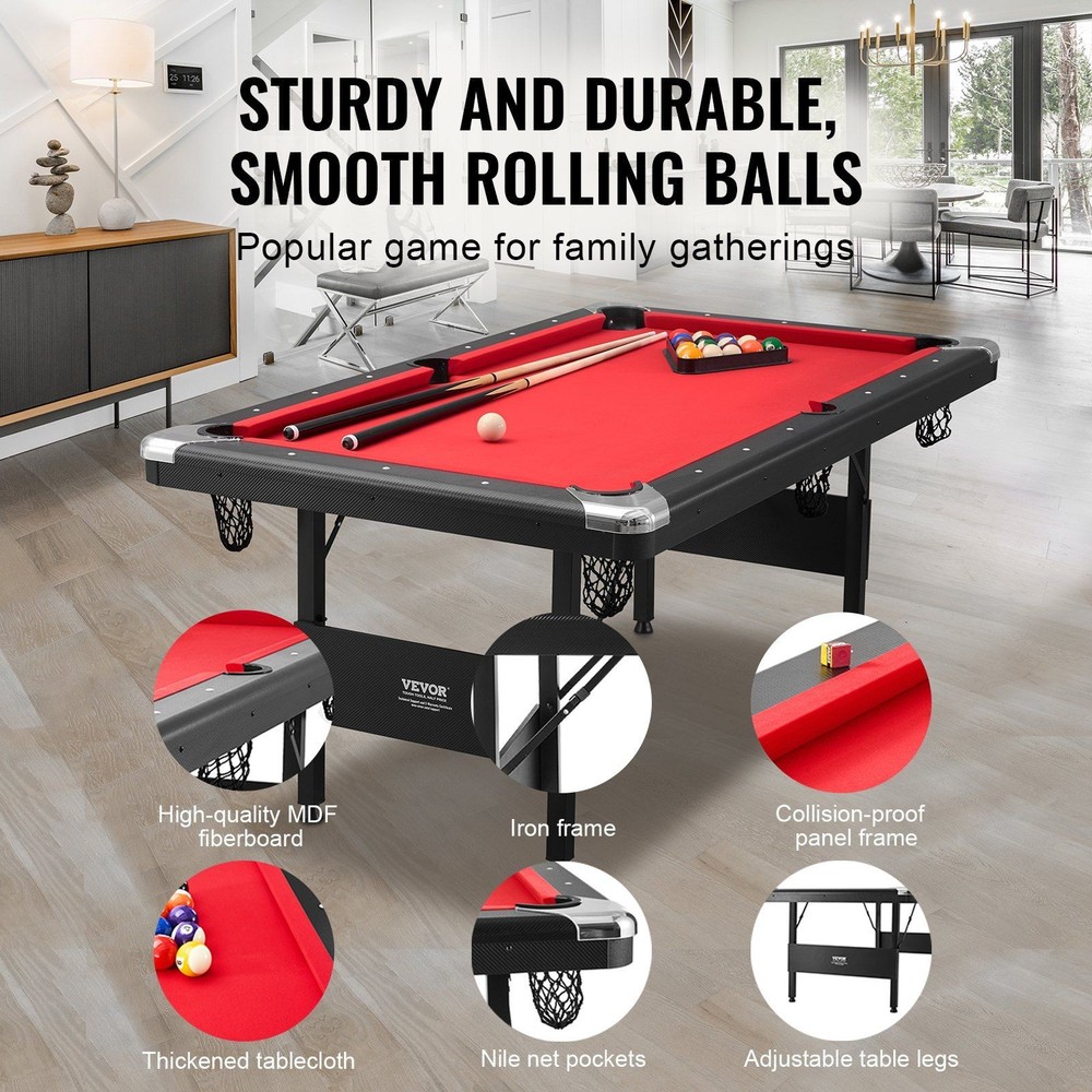Stylish 6.3ft Pool Table Black Cabinet Red Playing Surface Foldable Support