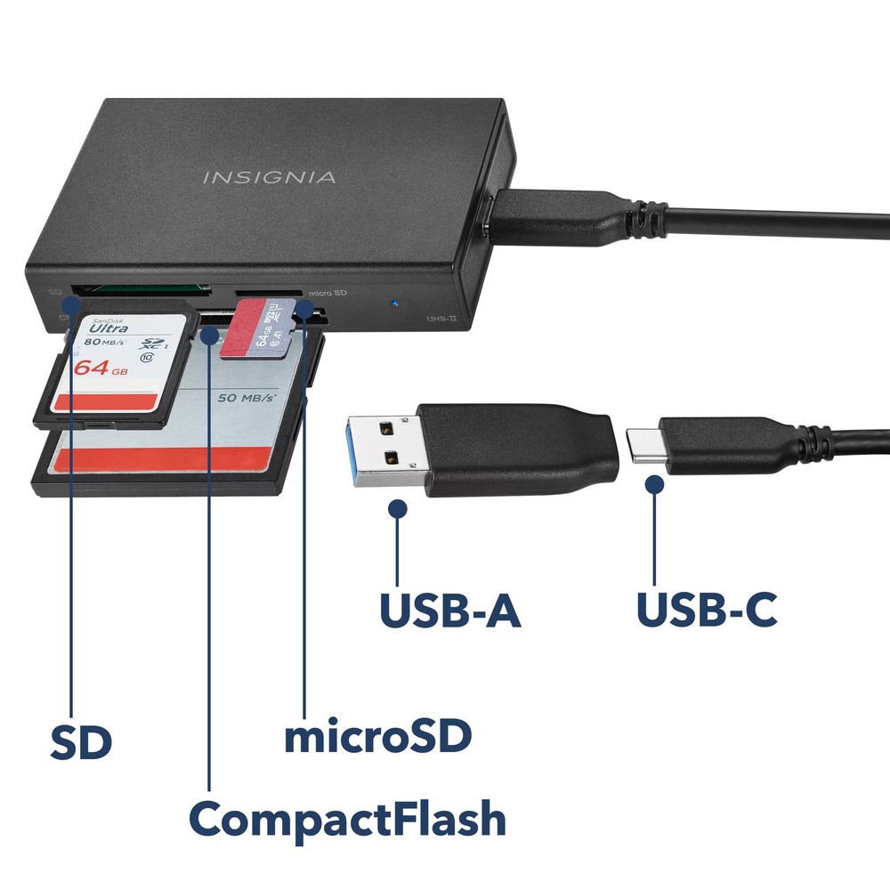 Insignia- USB-C to SD, microSD and CompactFlash Memory Card Reader - Black