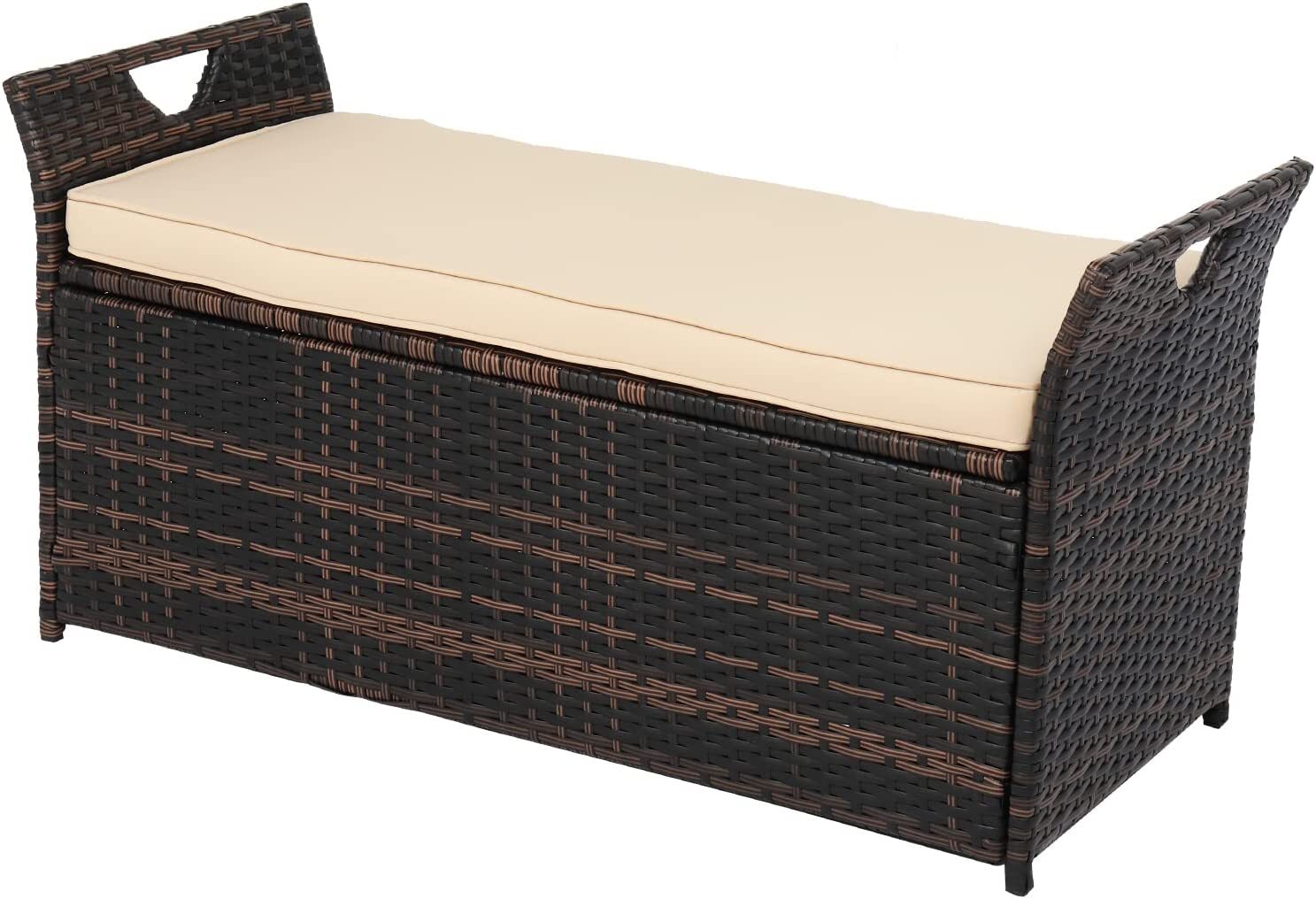 Outdoor Storage Bench Rattan Storage Box Patio Wicker Deck Box with Seat Cushion