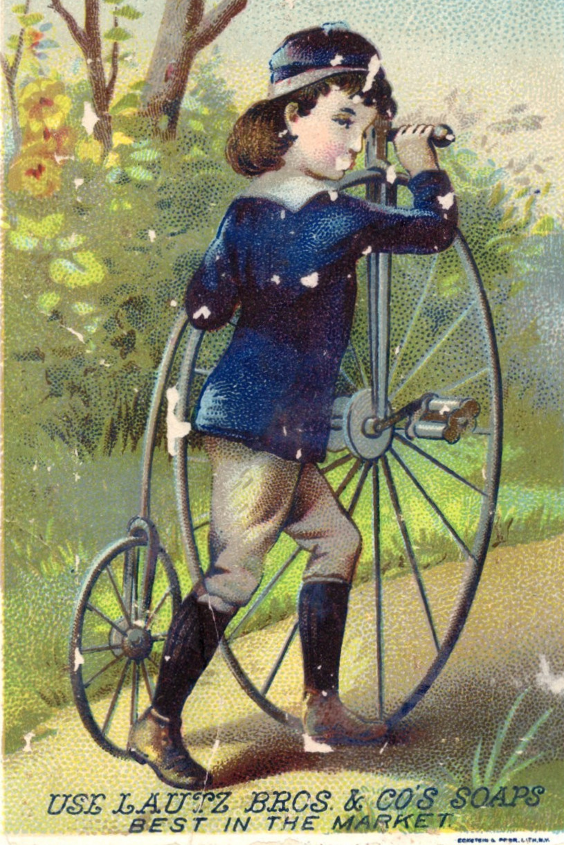 1890s - Lautz Bros & Co Soap Girl Riding Pennyfarthing Trade Card - XL2T