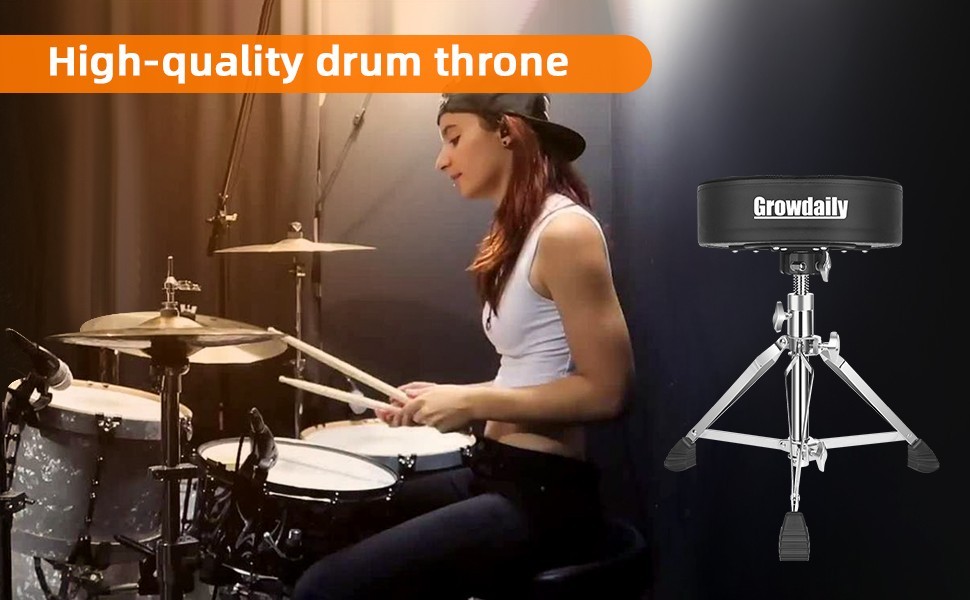 Adjustable Drum Throne Seat - Thick Padded Stool for Drummers + 2Pcs 5A Sticks
