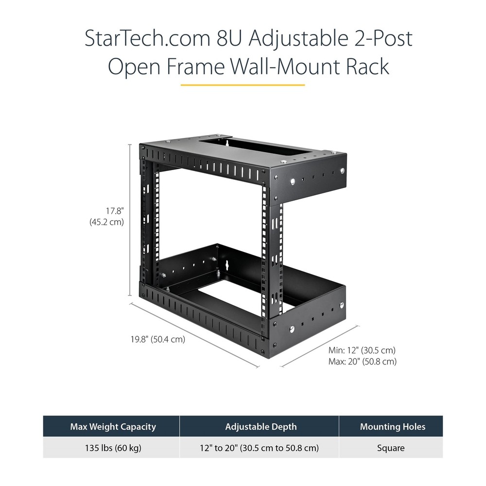StarTech 8U Open Frame Wall Mount Equipment Rack - Adjustable Depth