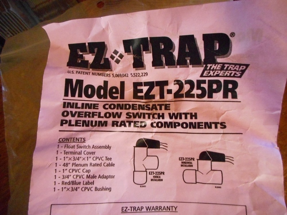 EZ TRAP EZT-225PR INLINE CONDENSATE OVERFLOW SWITCH