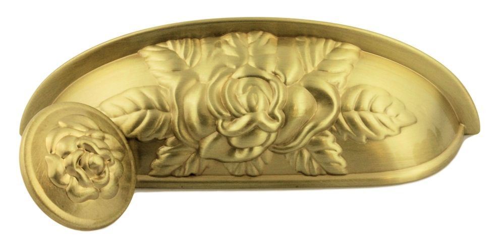 3-3/4" Old Rose Pattern Cup Pull Satin Brass
