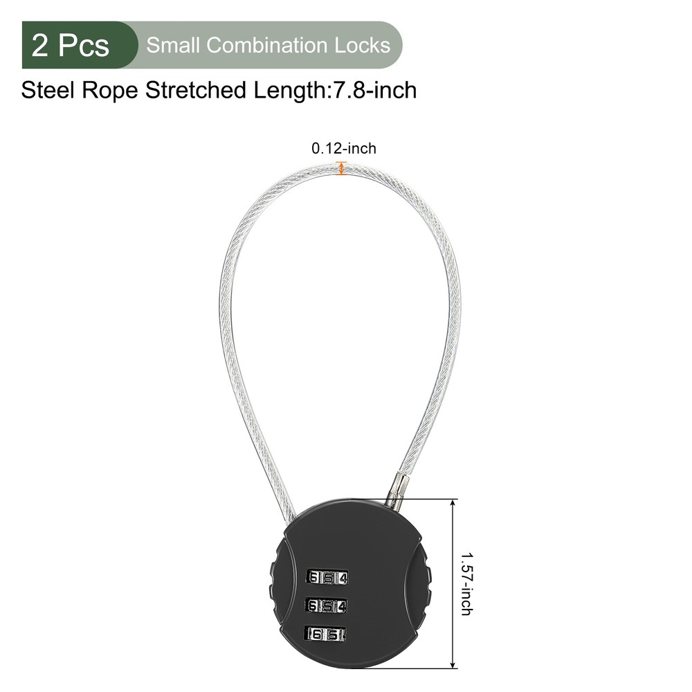 2Pc Small Combination Locks, 3 Digit Baggage Padlocks(Black, 7.8-Inch)