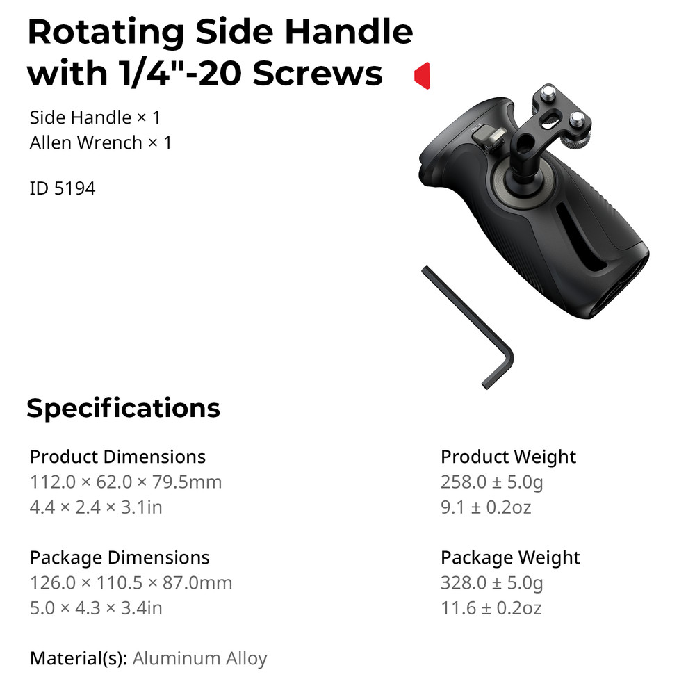 SmallRig Push-Button Rotating Side Handle with 1/4"-20 Screws 5194