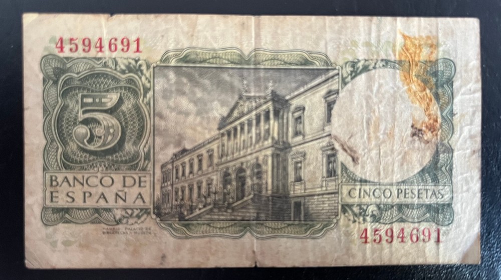 SPAIN 1954 5 PESETA NOTE