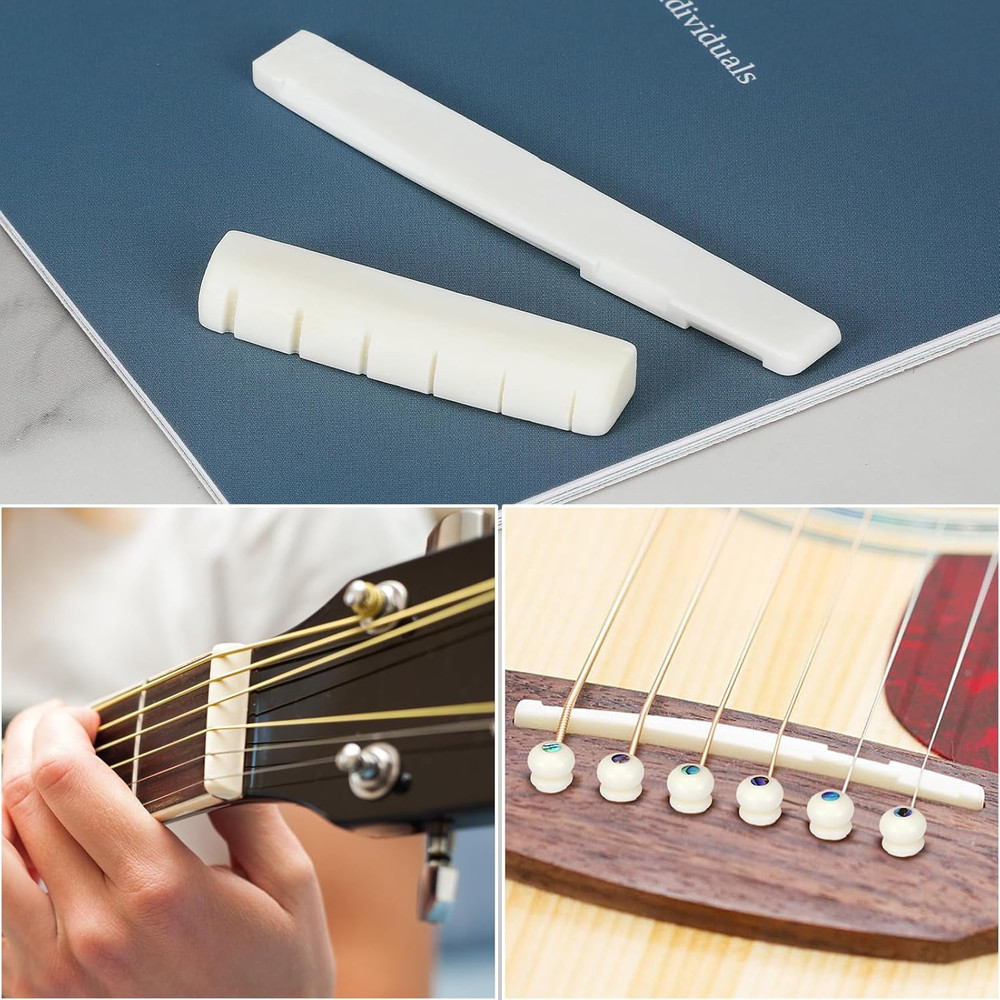 6 String Acoustic Guitar Bone Bridge Saddle, Nut & 6 Bone Bridge Pins