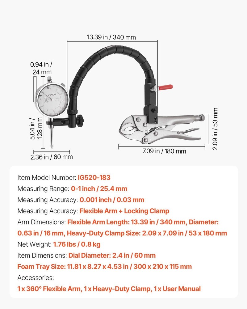 Dial Test Indicator 0.001" Accuracy 0-1" Range Flexible Arm Locking Pliers