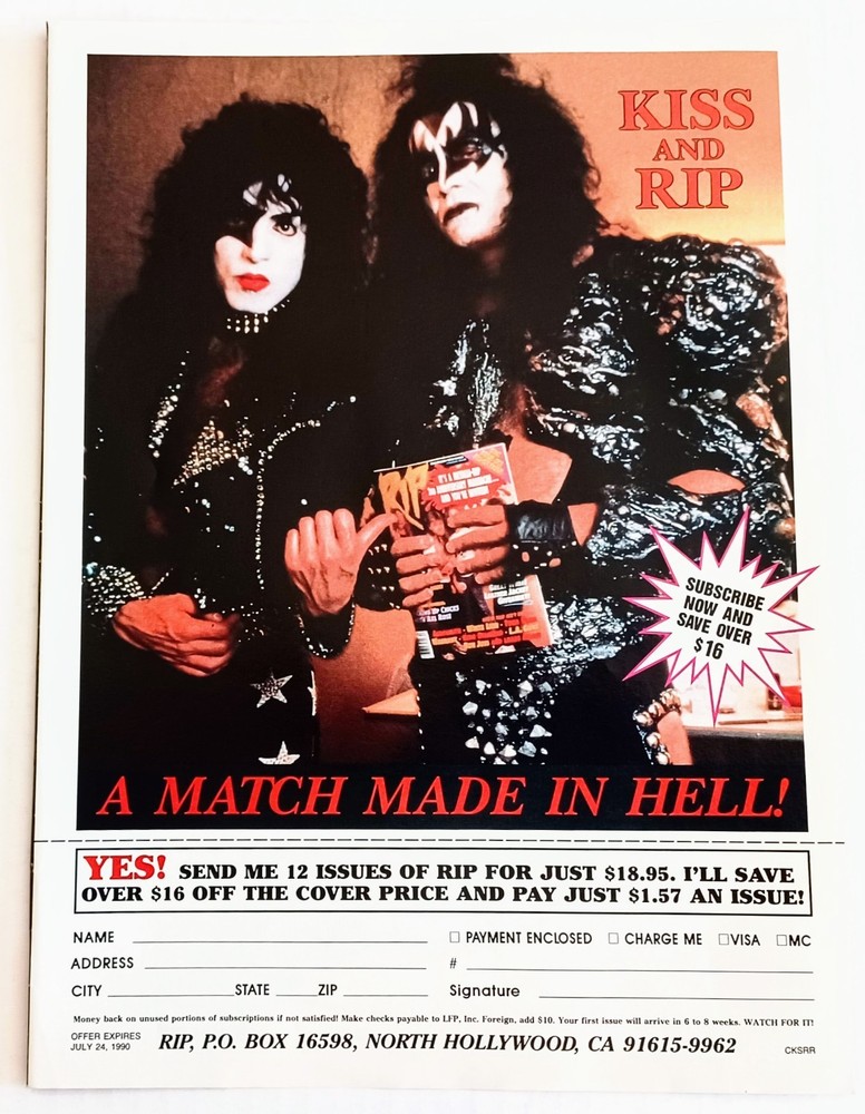 KISS~GENE & PAUL~ORIG 1990 RIP MAGAZINE SUBSCRIPTION ORDER FORM PINUP CLIPPING
