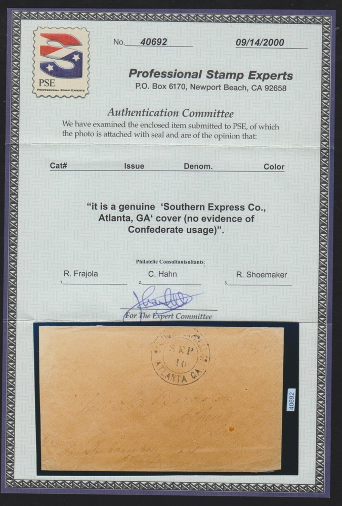 "Southern Express Co.  Atlanta Ga." dcds on cover c. 1867 - see description