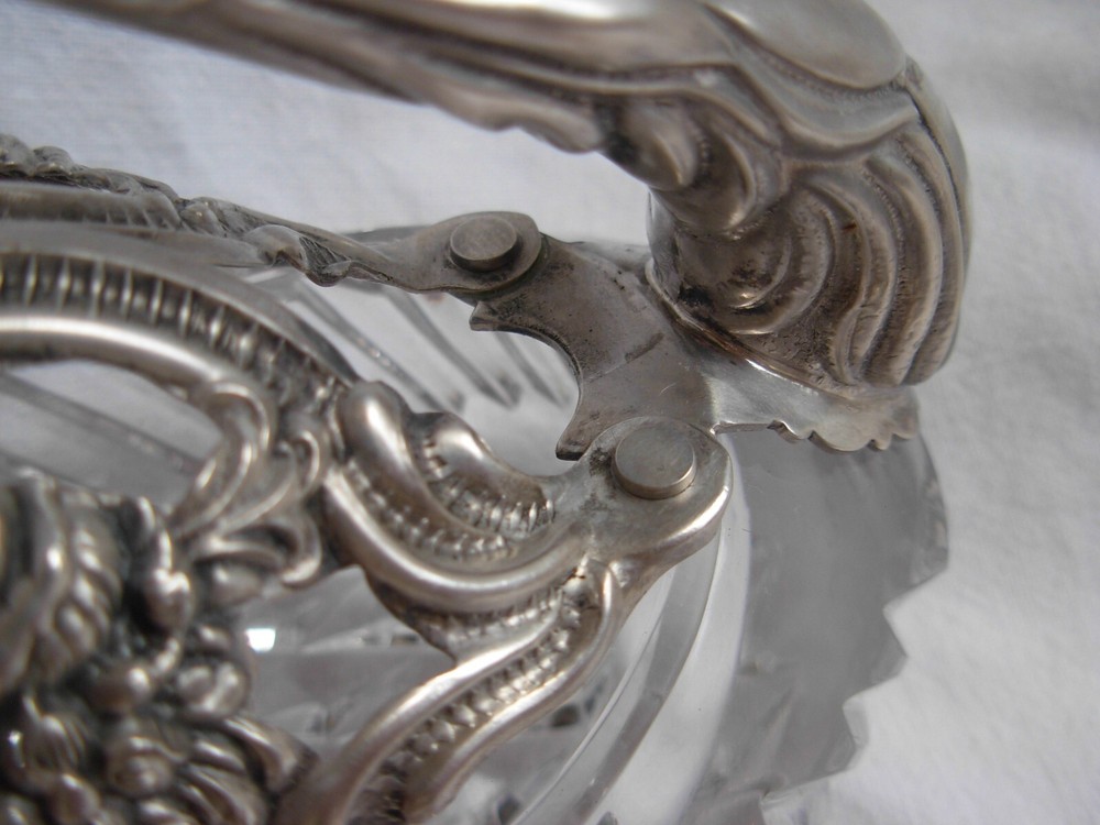 ANTIQUE SOLID SILVER CUT CRYSTAL SALT CELLAR,SWAN SHAPE,20th CENTURY.
