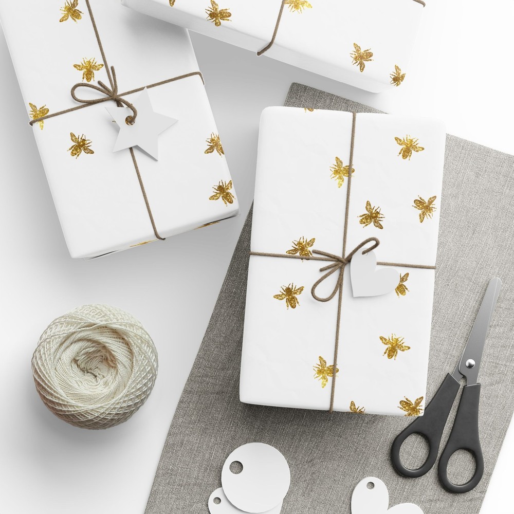 White With Gold Bee Pattern Wrapping Papers
