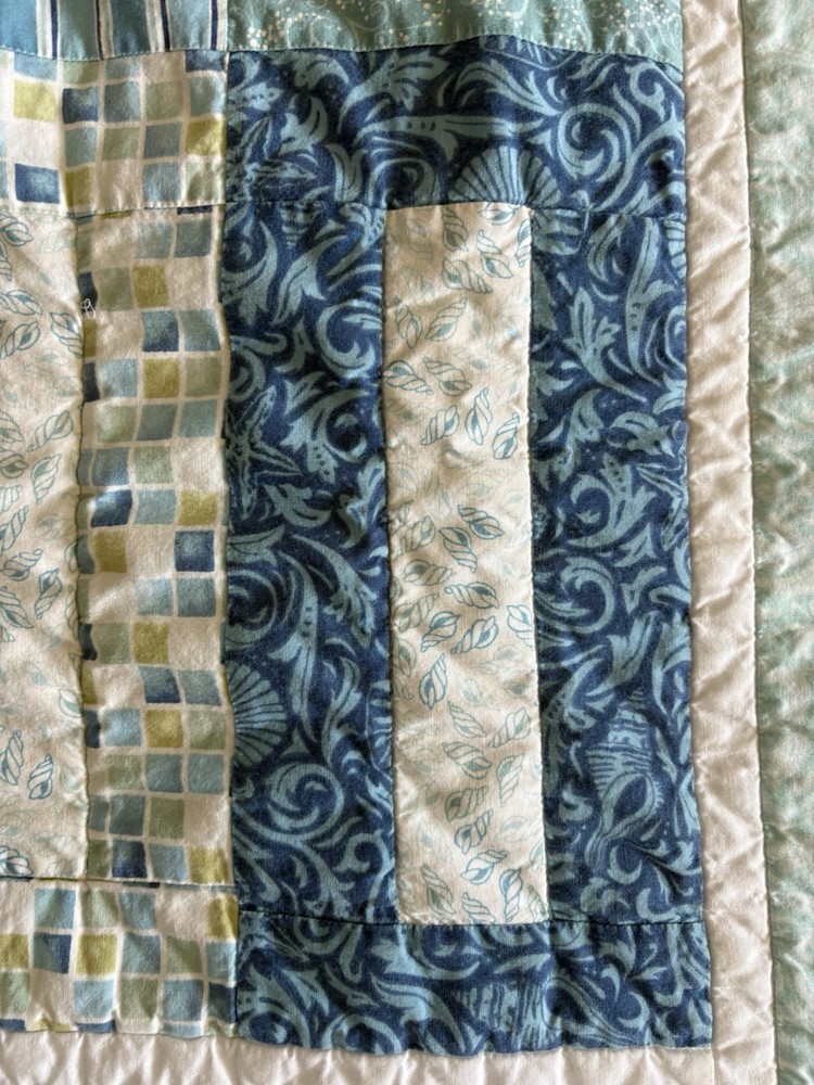 Machine and Handmade Patchwork Lap/ Crib Block Quilt w/ Blue Seashell 42x32”