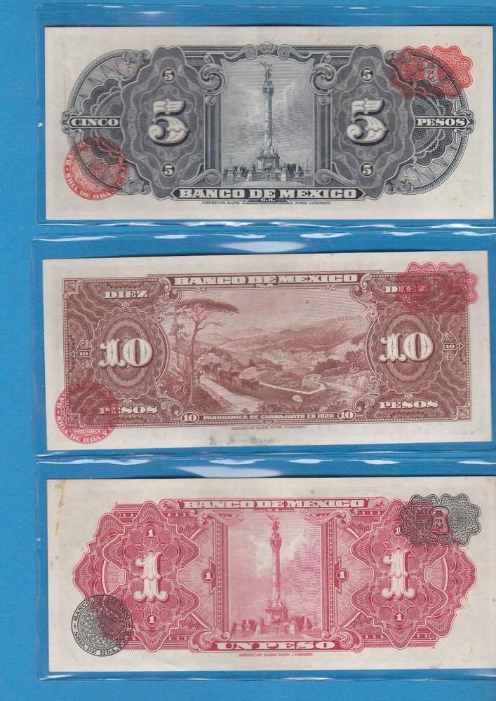 Three 1954 Mexico Notes ( 1, 5 & 10 Pesos Notes)