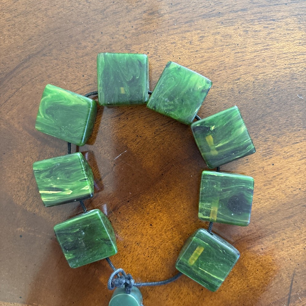 BAKELITE BRACELET Spinach Green Yellow Marbled Expansion Chunky Pyramidal Shape