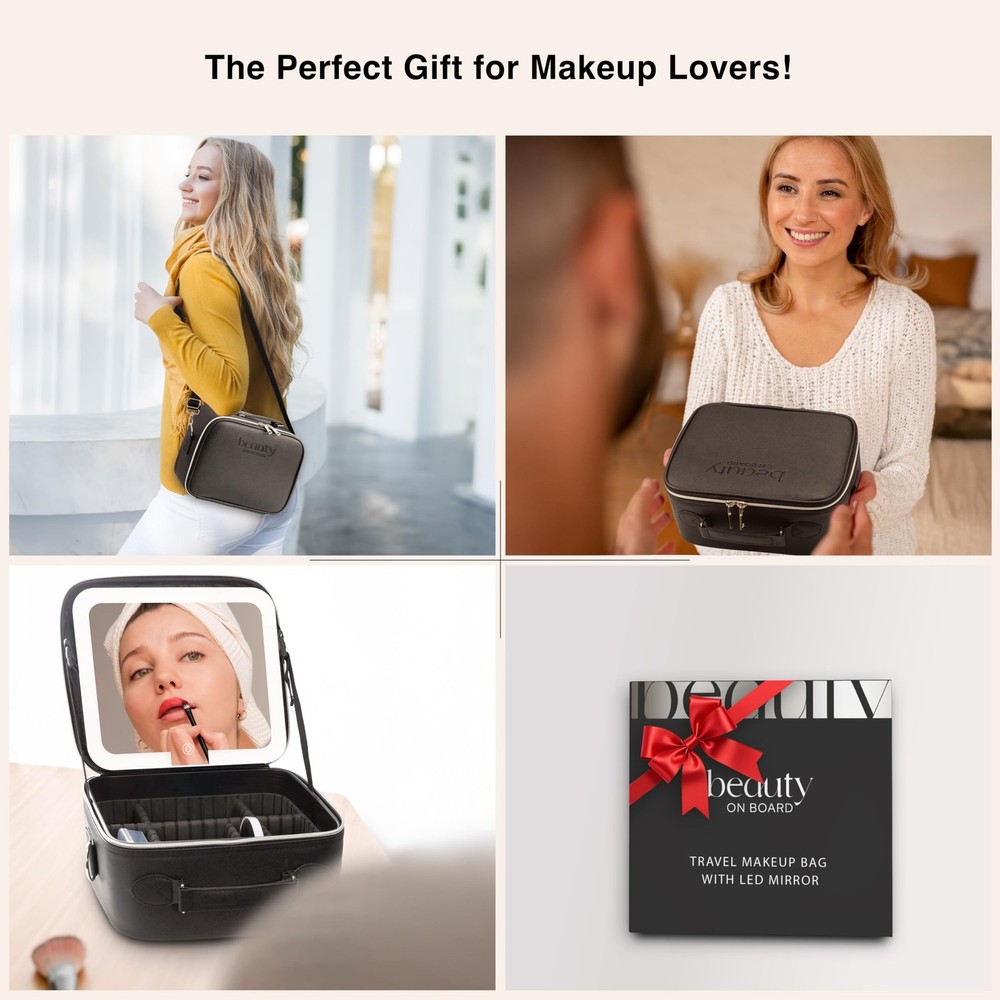 Makeup Bag with LED Mirror, PU Leather Makeup Case - 3 Adjustable Brightness ...