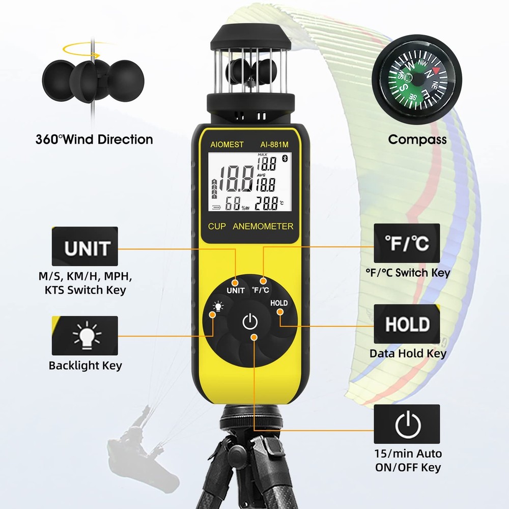 Handheld Wind Cup Anemometer with Direction, Digital Wind Speed Meter Gauge M...