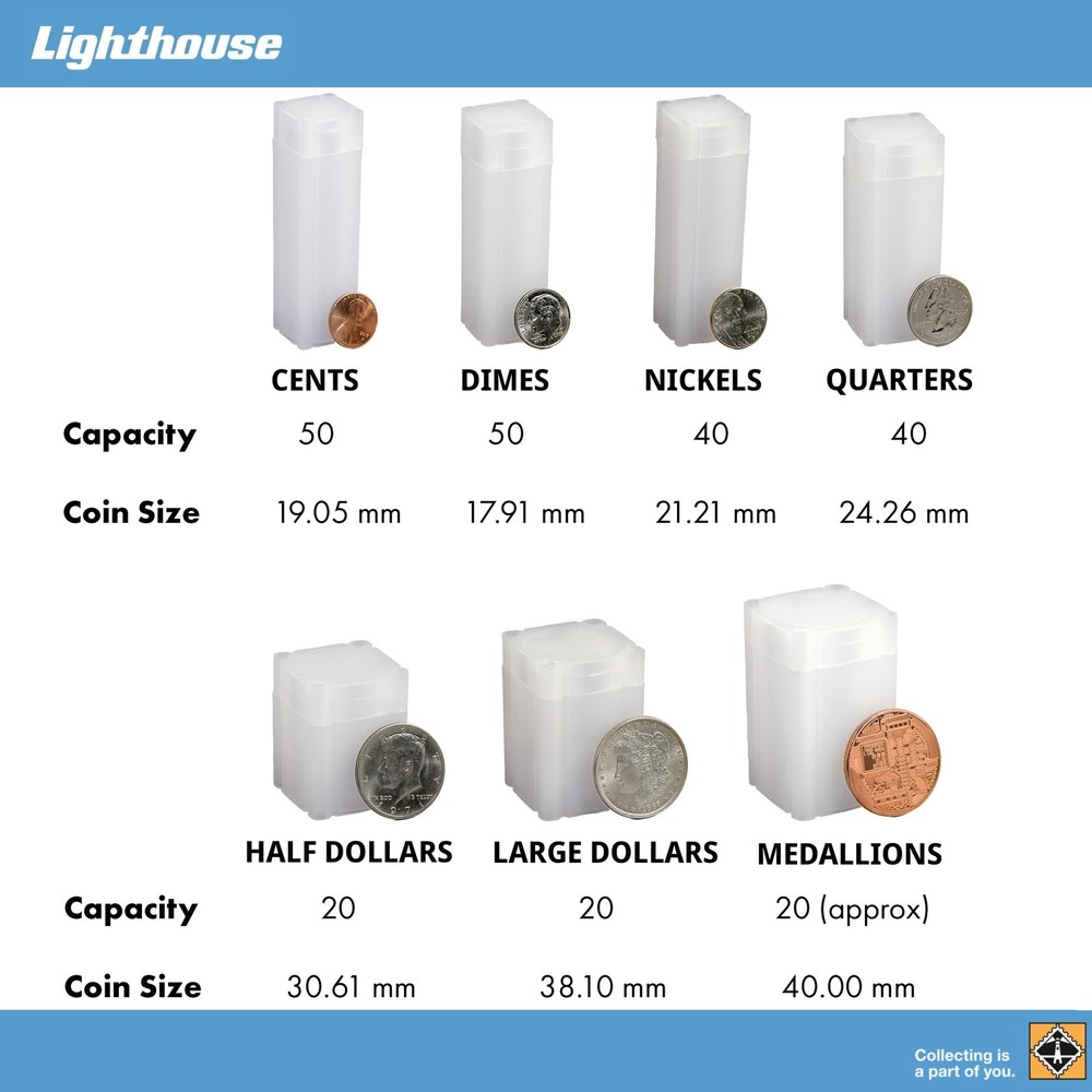 Lighthouse - Square Coin Tubes - Convenient Push Top, 10 pack, Clear