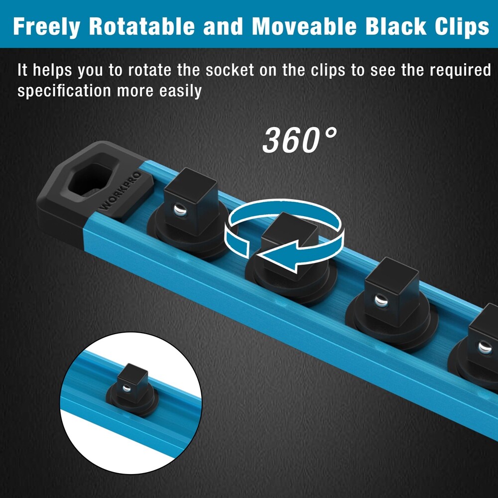 WORKPRO 3/8-Inch Dr Magnetic Socket Organizer Aluminum Alloy Socket Rail Holders