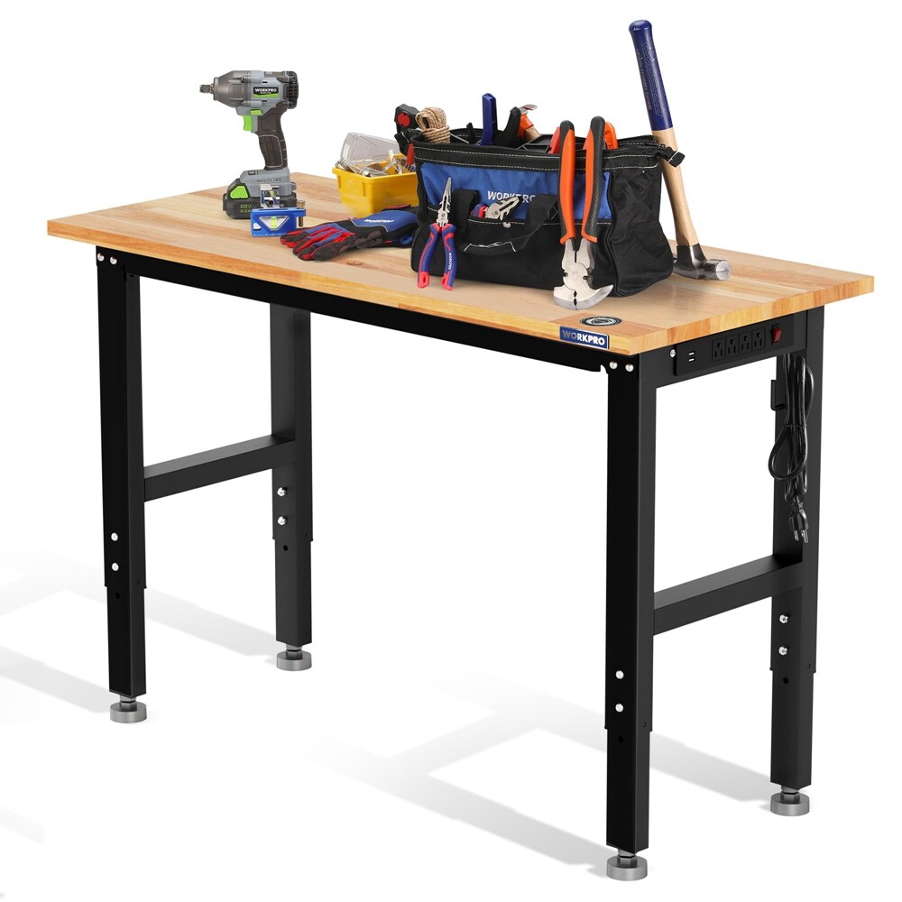 WORKPRO 48" Adjustable Height Workbench Hardwood Work Table Power Outlets 1500LB