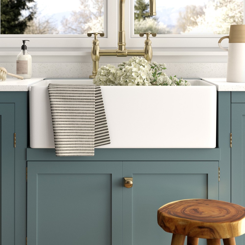 24''30" 33" Kitchen Sink Rectangular White Ceramic Apron Farmhouse Sinks W/ Grid