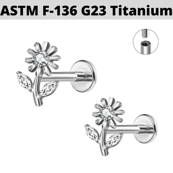 16G Gem Flower TITANIUM INTERNALLY THREADED LABRET EAR TRAGUS Flatback Earrings