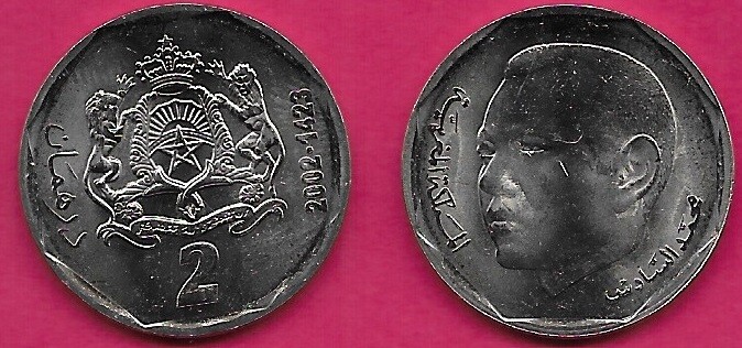 MOROCCO 2 DIRHAMS 2002 UNC 1 YEAR TYPE,MOHAMMED VI,HEAD 3-/4 LEFT WITHIN