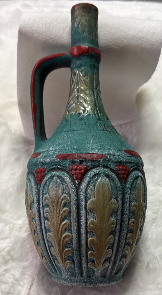 Ceramic Empty Wine Bottle Decor, Signed Beautiful Turquoise And Red