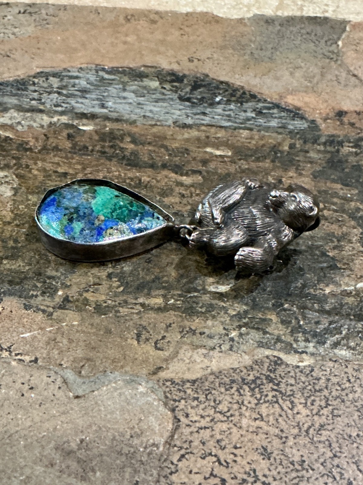 Carol Felley Sterling Silver 3D Bear w Stone Teardrop Pendant/Pin Unique Beauty