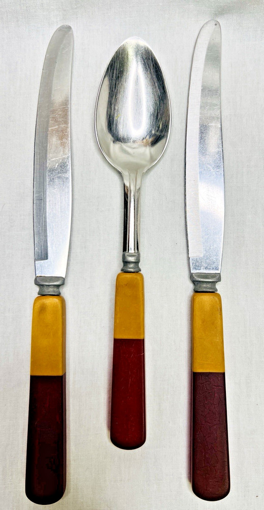 Art Deco 2-Tone Butterscotch & Red Bakelite Stainless Flatware Silverware ~ 3 pc