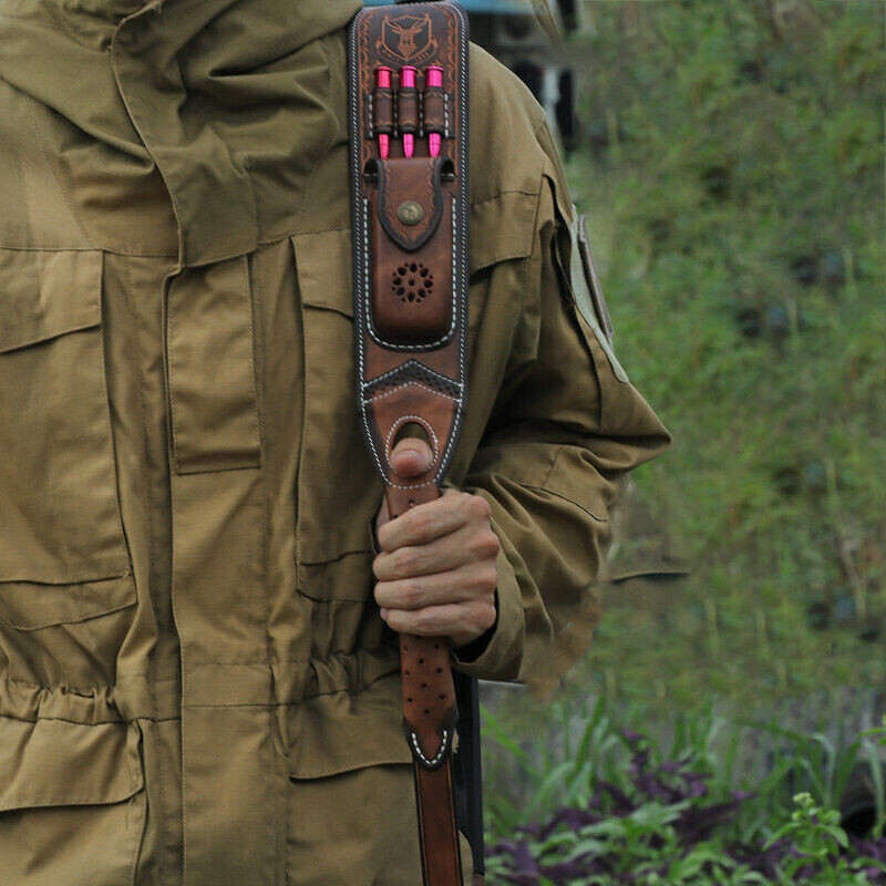 Tourbon Retro Leather Rifle Sling Gun Ammo Carrying Strap w/Knife Sheath Pocket