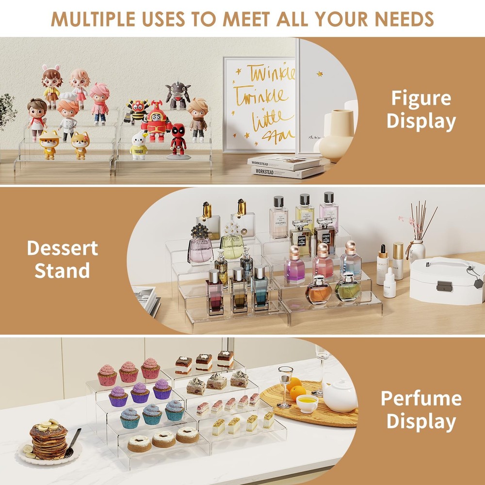 8 Pieces Large Display Risers, 4" Wide Clear Rectangular Tabletop Shelf for S...