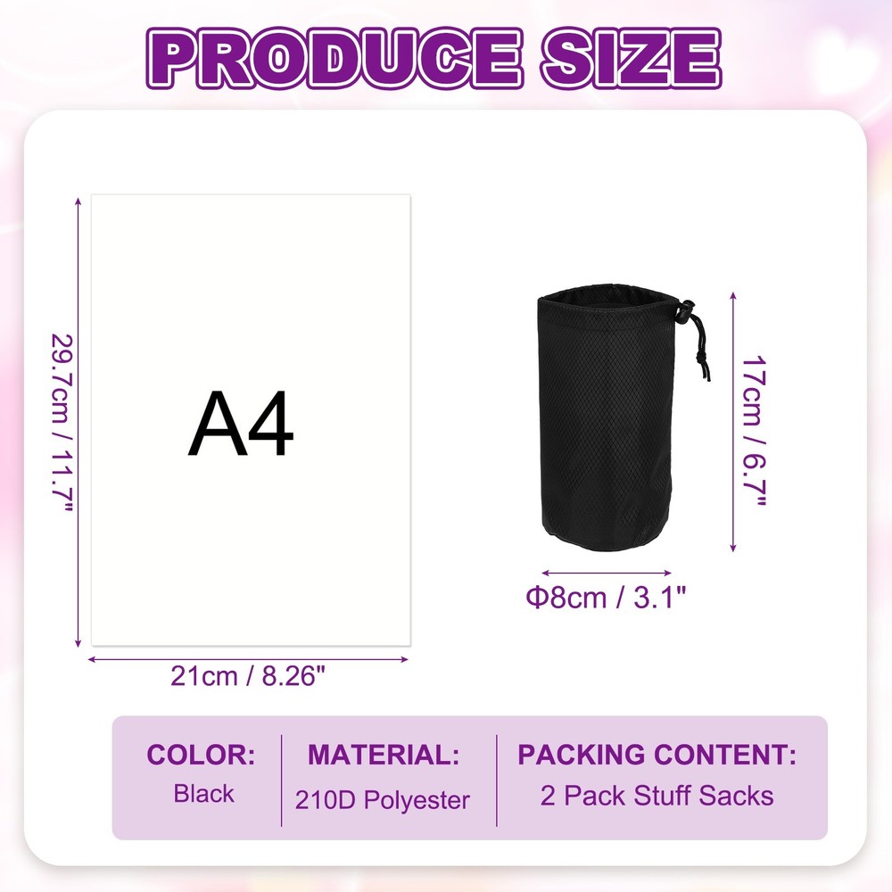 Stuff Sack, Waterproof Ditty Bags with Toggle 3x7In & 2 Pack & Black