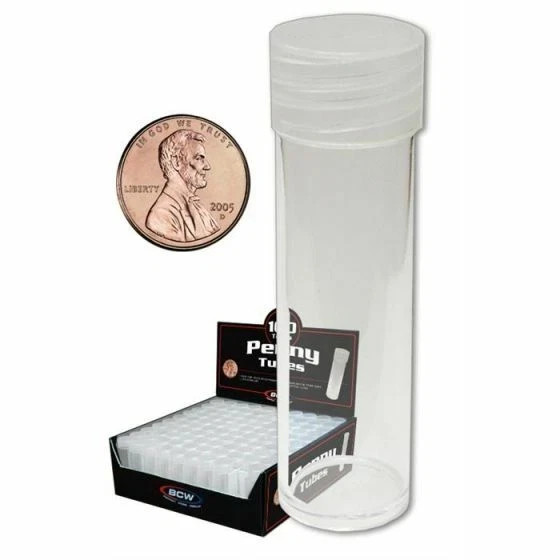 20 BCW Round Tubes For Penny Cents Coins Clear Plastic Cent Storage Screw On Cap