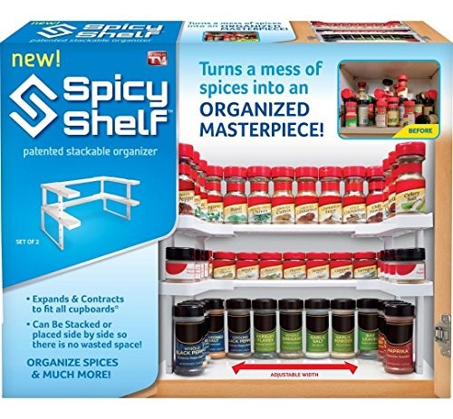 SPICY SHELF PATENTED SPICE RACK AND STACKABLE ORGANIZER , ADJUSTABLE - WHITE