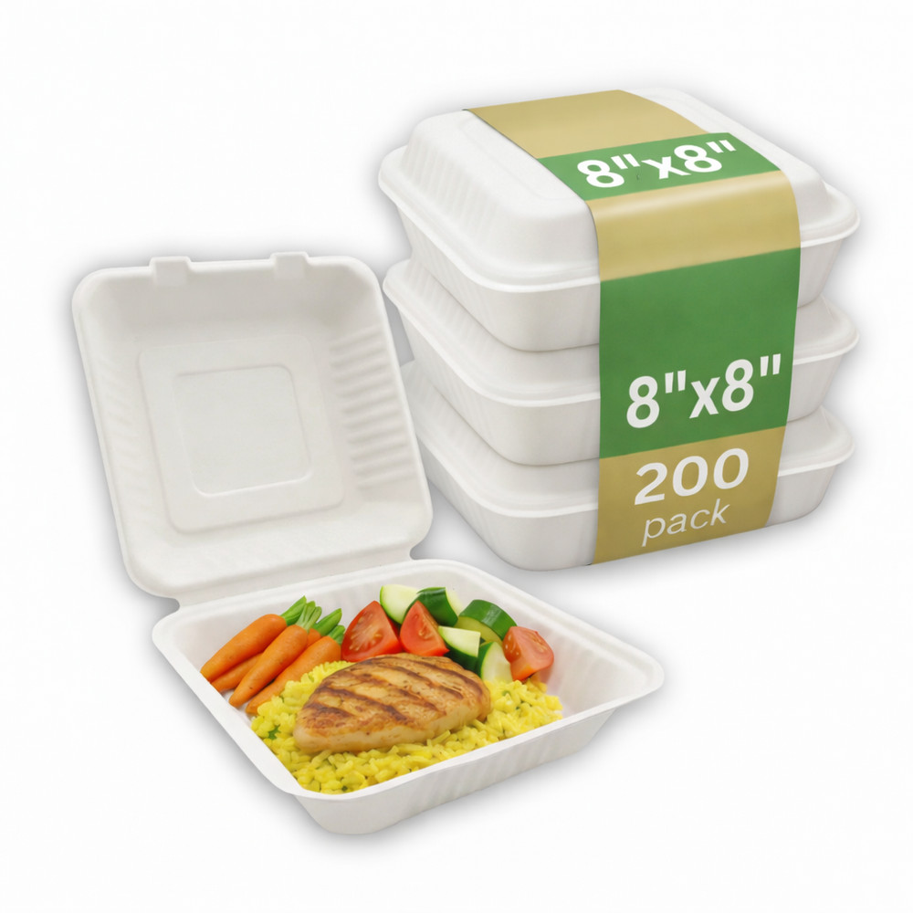 Bagasse Hinged Container, White, PFAS FREE, 8" x 8", 100pc