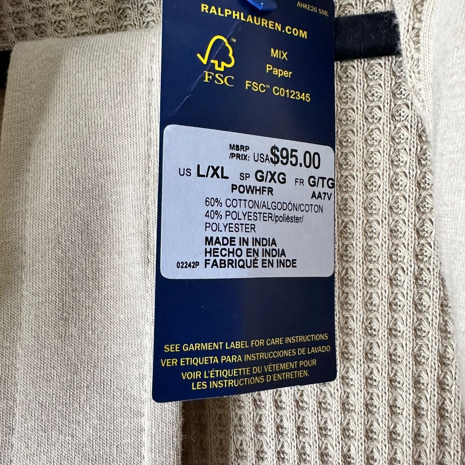 Polo Ralph Lauren Robe Mens Waffle Knit Hooded Classic Khaki Big Pony