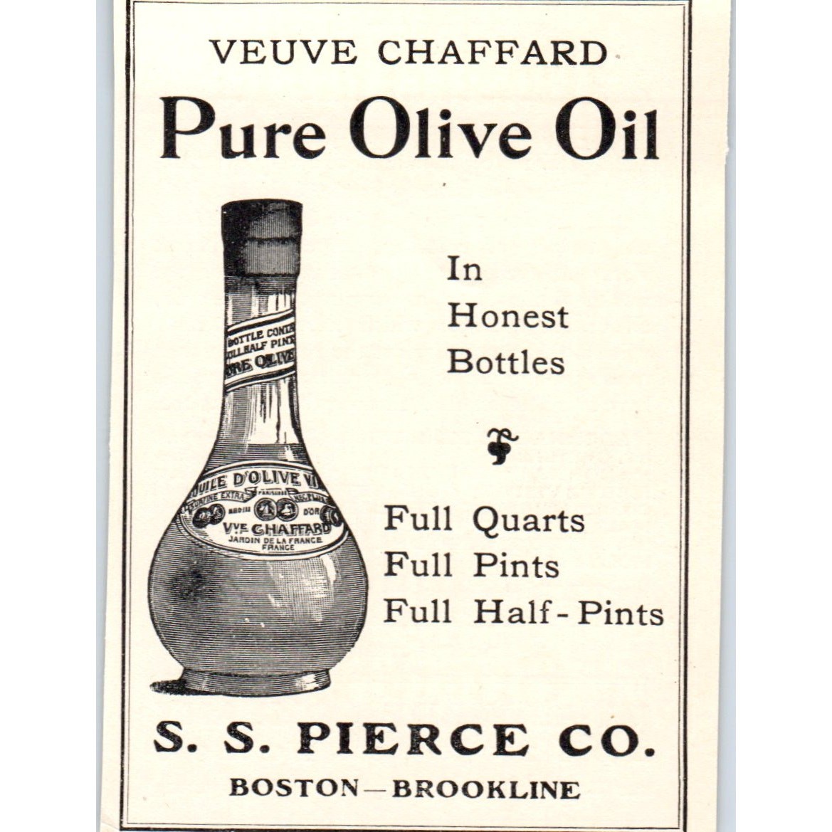 S.S. Pierce Co. Pure Olive Oil Boston Brookline c1905 Victorian Ad AE9-MA6