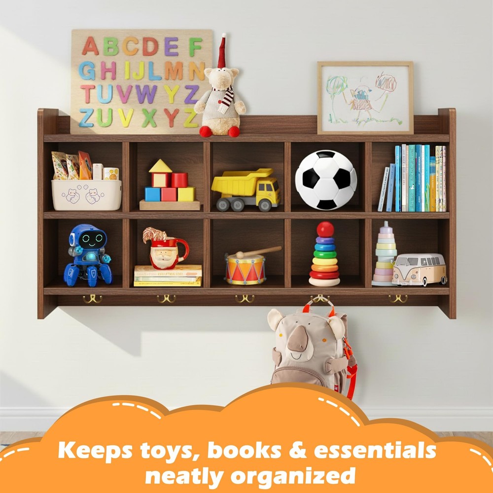 Wall Cubbies, 10 Cubby Storage Organizer with Coat Hooks, Cubbies for Classro...