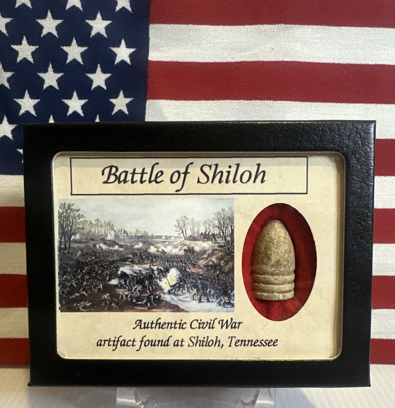 Civil War Bullet from The Battle of Shiloh, Tennessee with Display Case and COA