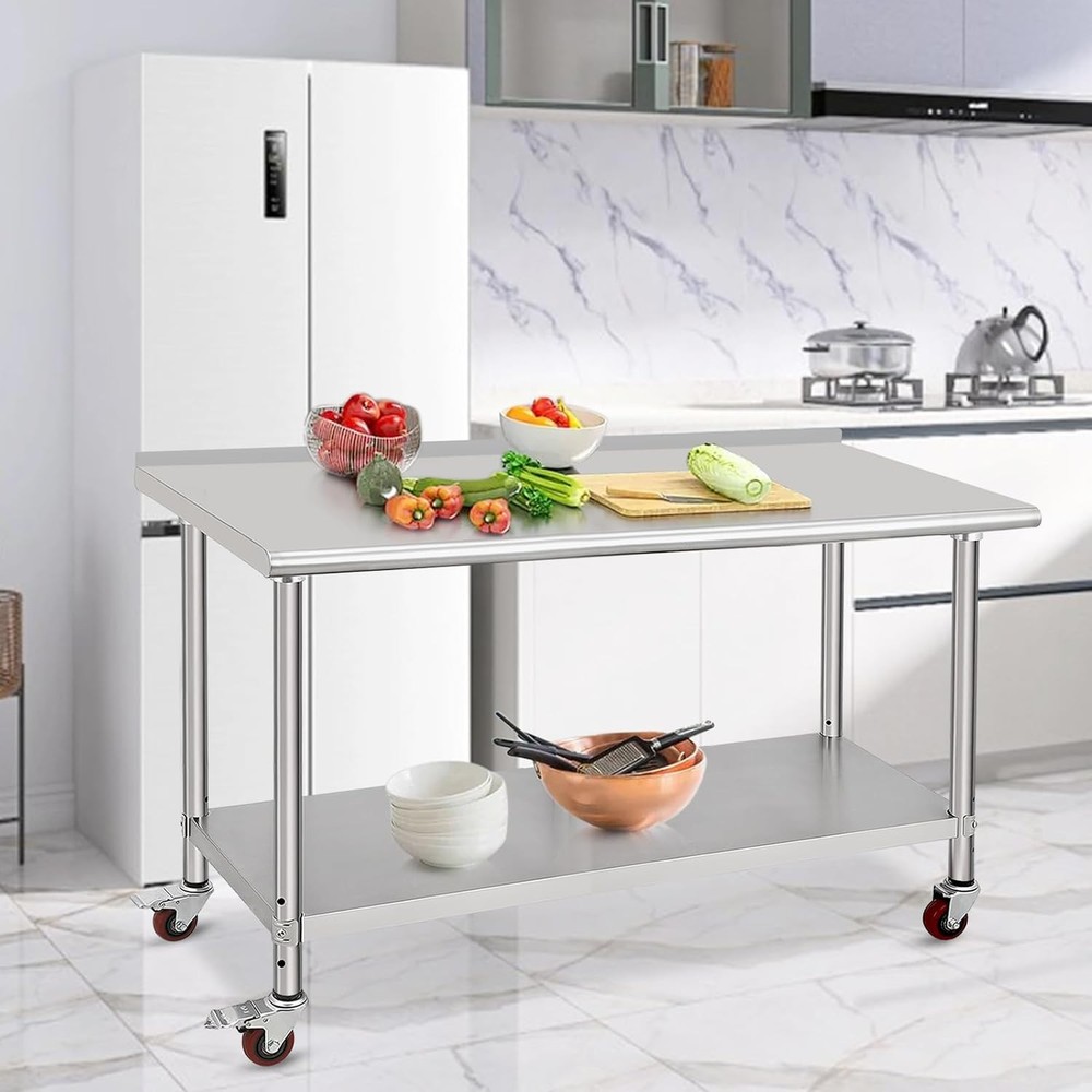 Stainless Steel Kitchen Prep Table with Casters & Backsplash