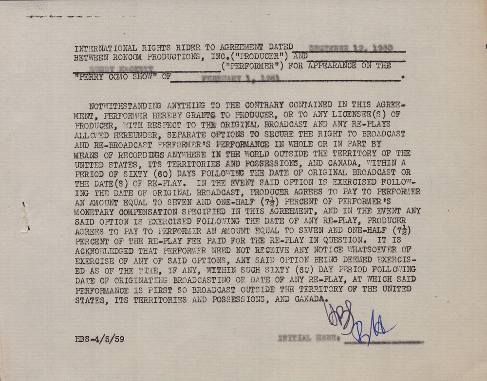 BUDDY HACKETT - CONTRACT DOUBLE SIGNED 12/13/1960